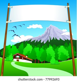 Customizable banner on mountain landscape, vector