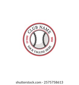 A customizable baseball club logo featuring a circular red border, a baseball icon, and editable text fields for club name and tagline.