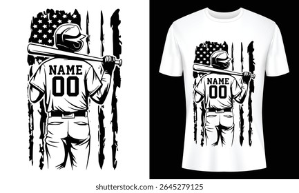 Customizable baseball tee design featuring a player against an American flag backdrop. Perfect for sports fans and apparel businesses.
