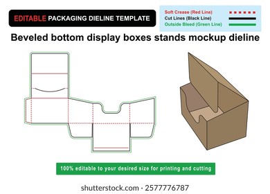 Customizable beveled bottom display stand mockup dielines, Mockup Dieline, Retail Packaging, Box Mockup, Custom Dieline, die cut template, printable dielines, box dimensions, box layout