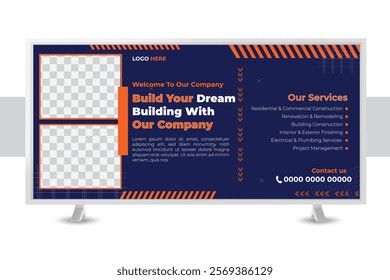 Customizable billboard design template for promoting construction services and businesses. Eye-catching layout for outdoor advertising.