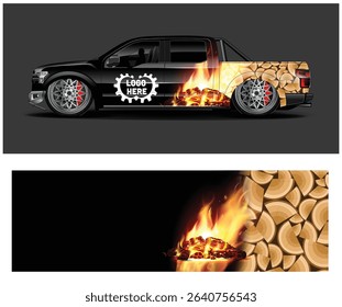 Customizable black pickup truck wrap design with fiery campfire and wood log patterns. Ideal for automotive branding.