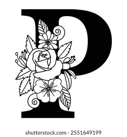 Customizable Black and White Floral Alphabet P Monogram with Flowers, Leaves, and Vines