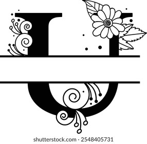 Customizable Black and White Floral Letter U Monogram, Split Alphabet Family Sign