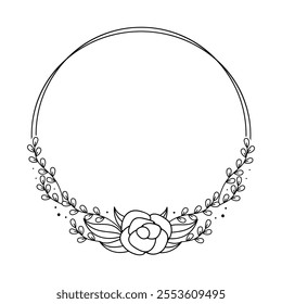 Customizable Black and White Floral Wreath Monogram with Circular Design with Delicate Flowers