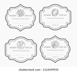 Customizable black and white Pantry label collection. Vintage packaging design templates for Herbs and Spices, dried fruit, vegetables, nuts etc