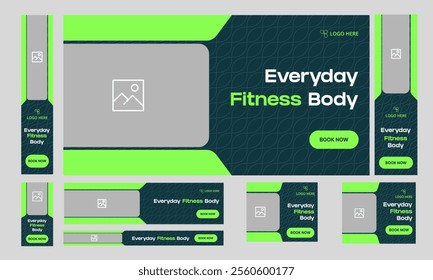 Customizable body fitness web set banner design for social media post, yoga and fitness web bundle banner design, fully editable vector eps 10 file format