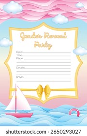 Personalizável Menino ou menina gênero revelar convite da festa, A4 ilustração vetor apresentando oceano azul com barco rosa e anel de vida, céu rosa com nuvens azuis fluffy e em branco para informações