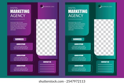 Diseño de volante de negocios personalizable para agencias de marketing digital, con colores vibrantes, secciones de servicio y detalles de contacto. Perfecto para promociones de negocios y anuncios