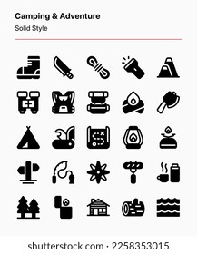 Customizable camping and adventure icons covering camping tools and equipment and outdoor elements. Perfect for apps, websites, businesses, stores, product illustrations, catalogs, etc