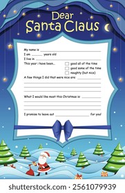 Customizable Christmas Letter Template Geometric Paper-Cut Design with Santa, Snowflakes, Gifts, and Starry Sky for a Magical Holiday Feel