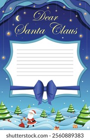 Customizable Christmas template for letter to Santa Claus featuring Winter and Holiday motifs, Santa Claus, presents, snow and starry sky in Geometric Paper-Cut Design with Depth