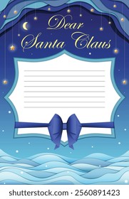 Customizable Christmas template for letter to Santa Claus featuring Winter and Holiday motifs, snow and starry sky in Geometric Paper-Cut Design with Depth