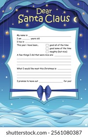 Customizable Christmas template for letter to Santa Claus featuring Winter and Holiday motifs, snow and starry sky in Geometric Paper-Cut Design with Depth