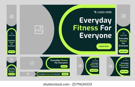 Customizable creative body fitness web set banner design for social media post, everyday workout plan web bundle banner design, fully editable eps 10 file format