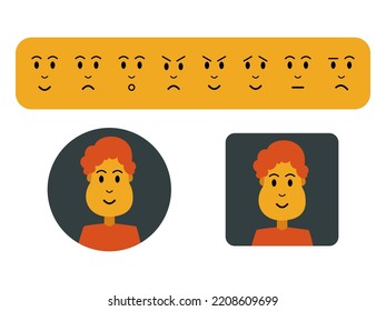 Customizable cute curly boy or man avatar with happy, sad, surprised, mad, evil, hopeful, palm face, and confused expressions. picture profile template for web or app design