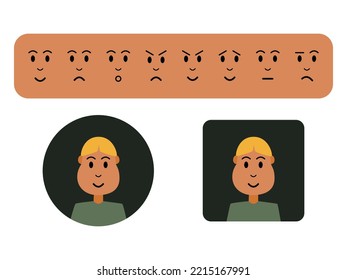 Customizable Cute Straight Hair Boy Or Man Avatar With Happy, Sad, Surprised, Mad, Evil, Hopeful, Palm Face, And Confused Expressions. Picture Profile Template For Web Or App Design