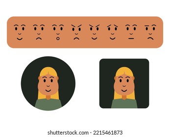 Customizable Cute Straight Hair Girl Or Woman Avatar With Happy, Sad, Surprised, Mad, Evil, Hopeful, Palm Face, And Confused Expressions. Picture Profile Template For Web Or App Design