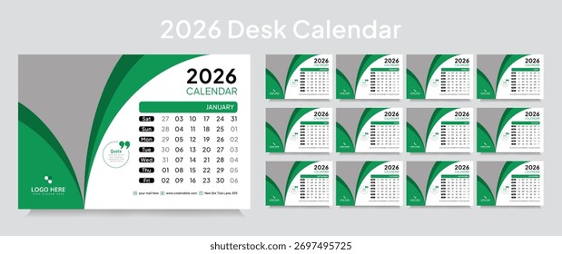 Customizable desk calendar 2026 template, corporate desk calendar schedule 2026 monthly 12-page planner layout, editable vector eps 10 file format
