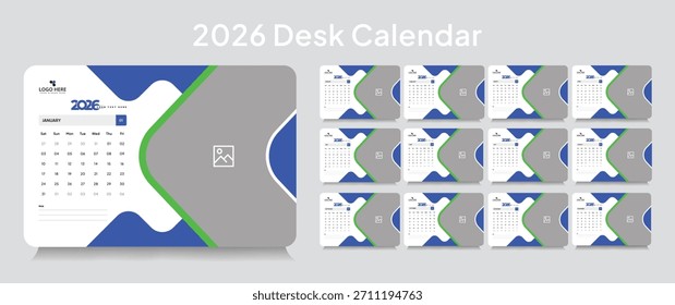 Calendario de escritorio personalizable 2026 Plantilla, calendario de escritorio corporativo 2026 diseño de planificador mensual de 12 páginas, Vector editable formato de archivo eps 10