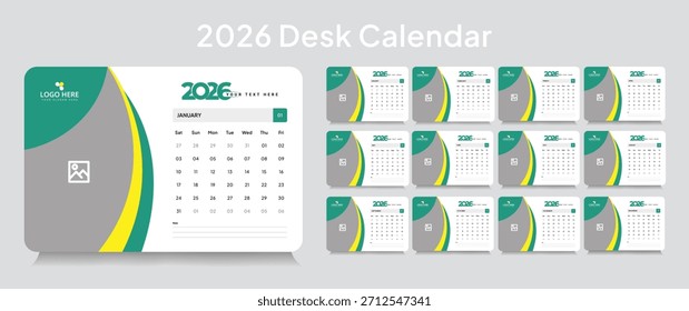 Calendario de escritorio personalizable 2026 Plantilla, calendario de escritorio corporativo 2026 diseño de planificador mensual de 12 páginas, Vector editable formato de archivo eps 10
