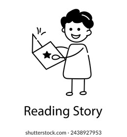 Customizable doodle icon of a kid reading story 