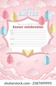 Customizable Easter Paper craft A4 invitation card with Happy Easter lettering, origami Easter eggs tied with ribbons to the clouds on soft pink background with cut out clouds