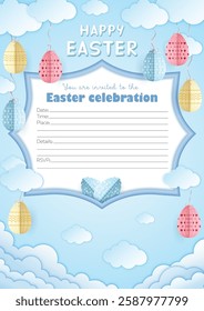 Customizable Easter Paper craft A4 invitation card with Happy Easter lettering, origami Easter eggs tied with ribbons to the clouds on soft blue background with cut out clouds