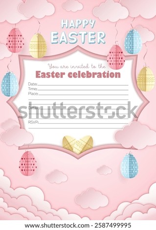 Customizable Easter Paper craft A4 invitation card with Happy Easter lettering, origami Easter eggs tied with ribbons to the clouds on soft pink background with cut out clouds