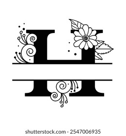 Customizable Elegant Floral Alphabet H, Black and White Botanical Letter Monogram Design