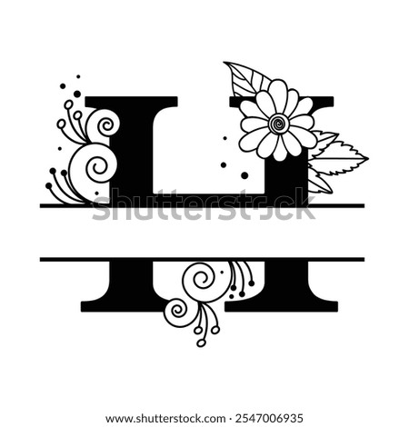 Customizable Elegant Floral Alphabet H, Black and White Botanical Letter Monogram Design