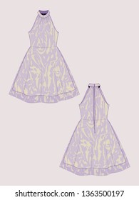 CUSTOMIZABLE FASHION DESIGN TEMPLATE. MOCKUP FOR SHOWCASING FABRIC PATTERN. TECHNICAL ILLUSTRATION OF HALTER NECK LAYERED DRESS WITH ABSTRACT MARBLED STRIPES IN SHADES OF YELLOW AND LILAC.