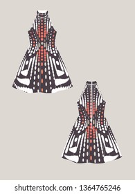 CUSTOMIZABLE FASHION DESIGN TEMPLATE. MOCKUP FOR SHOWCASING FABRIC PATTERN. TECHNICAL ILLUSTRATION OF HALTER NECK FLARED DRESS WITH ABSTRACT OPTICAL ILLUSION DOTS IN SHADES OF CORAL, GREY, WHITE AND