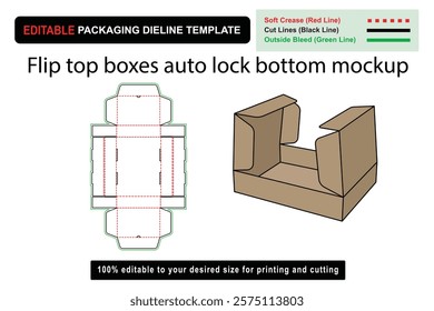 Customizable Flip Top Box Mockup with Enhanced Auto Lock Bottom, flip top boxes, auto lock boxes, box mockup, packaging mockup, customizable boxes, box dieline, die cut template, dieline template