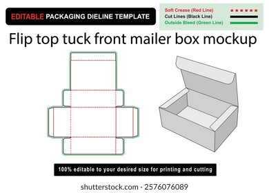 Customizable flip top tuck front mailer box mockup dieline for creative packaging solutions, flip top box, tuck front box, packaging mockup, dieline template, custom dieline, die cut box