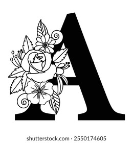 Personalizable Floral Alfabeto A, Letra Botánica Signo Familiar, Tipografía Ilustración de Logotipo