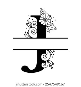 Monograma personalizado do alfabeto floral J, ilustração do logotipo da letra dividida botânica