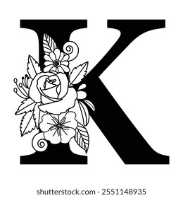 Personalizable Floral Alfabeto K Monograma, Blanco y Negro Botánico Tipografía Logo Vector