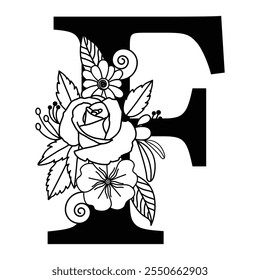 Customizable Floral Letter F Monogram, Black and White Alphabet Logo Illustration, Typography Family Sign