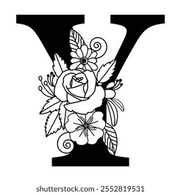 Customizable Floral Letter Y Monogram, Botanical Alphabet Logo Illustration, Family Name Sings