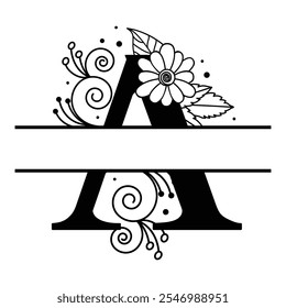 Letra A Dividida Personalizável Monograma Floral com Flourishes Blooming