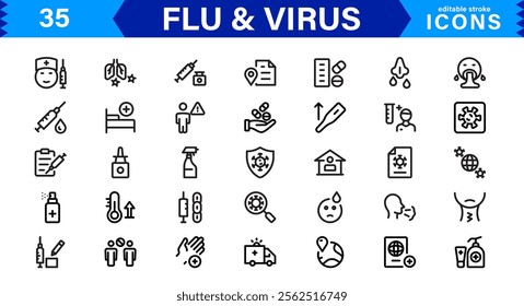 Customizable Flu and  Virus Icons. Scalable Line Art Designs for Medical, Education, and Public Health Projects