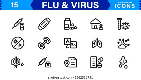 Customizable Flu and  Virus Icons. Scalable Line Art Designs for Medical, Education, and Public Health Projects