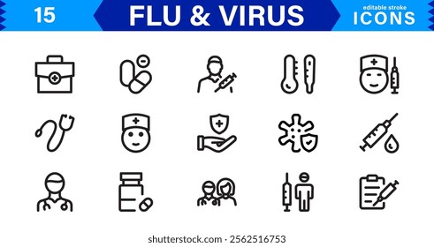 Customizable Flu and  Virus Icons. Scalable Line Art Designs for Medical, Education, and Public Health Projects