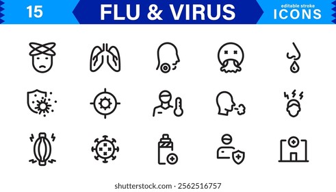 Customizable Flu and  Virus Icons. Scalable Line Art Designs for Medical, Education, and Public Health Projects