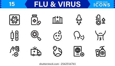 Customizable Flu and  Virus Icons. Scalable Line Art Designs for Medical, Education, and Public Health Projects