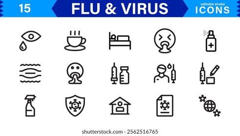 Customizable Flu and  Virus Icons. Scalable Line Art Designs for Medical, Education, and Public Health Projects