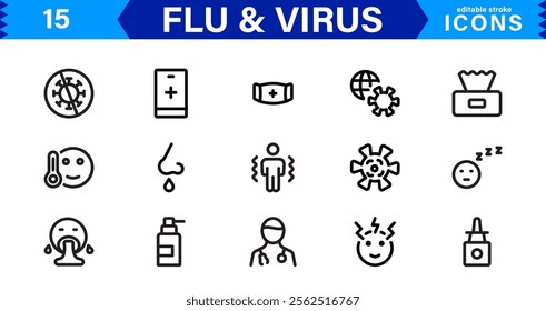 Customizable Flu and  Virus Icons. Scalable Line Art Designs for Medical, Education, and Public Health Projects