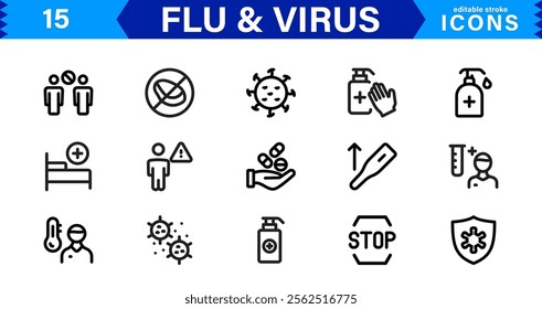 Customizable Flu and  Virus Icons. Scalable Line Art Designs for Medical, Education, and Public Health Projects