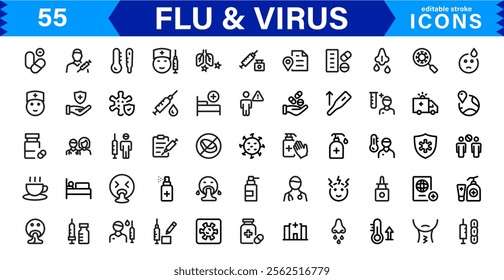 Customizable Flu and  Virus Icons. Scalable Line Art Designs for Medical, Education, and Public Health Projects